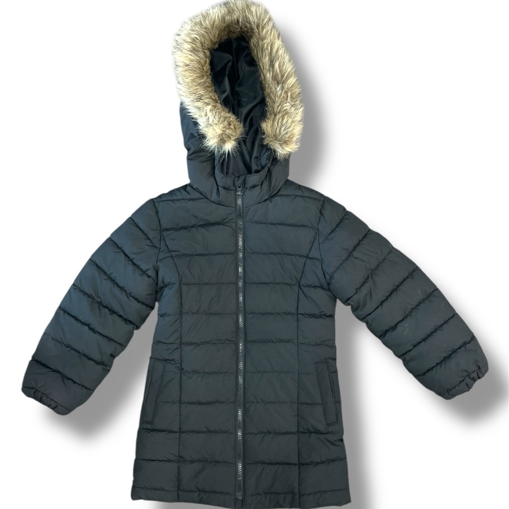Black Puffer Coat with Faux Fur Hood